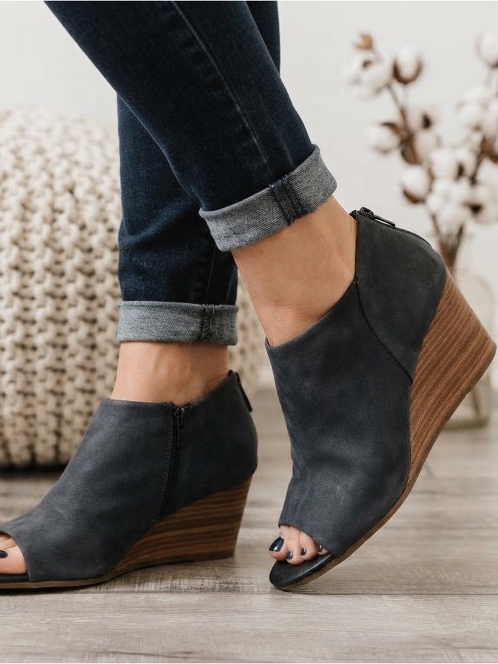Lucky Brand Tylera Leather Open Toe d’Orsay Wedge Shootie Black Size 8M